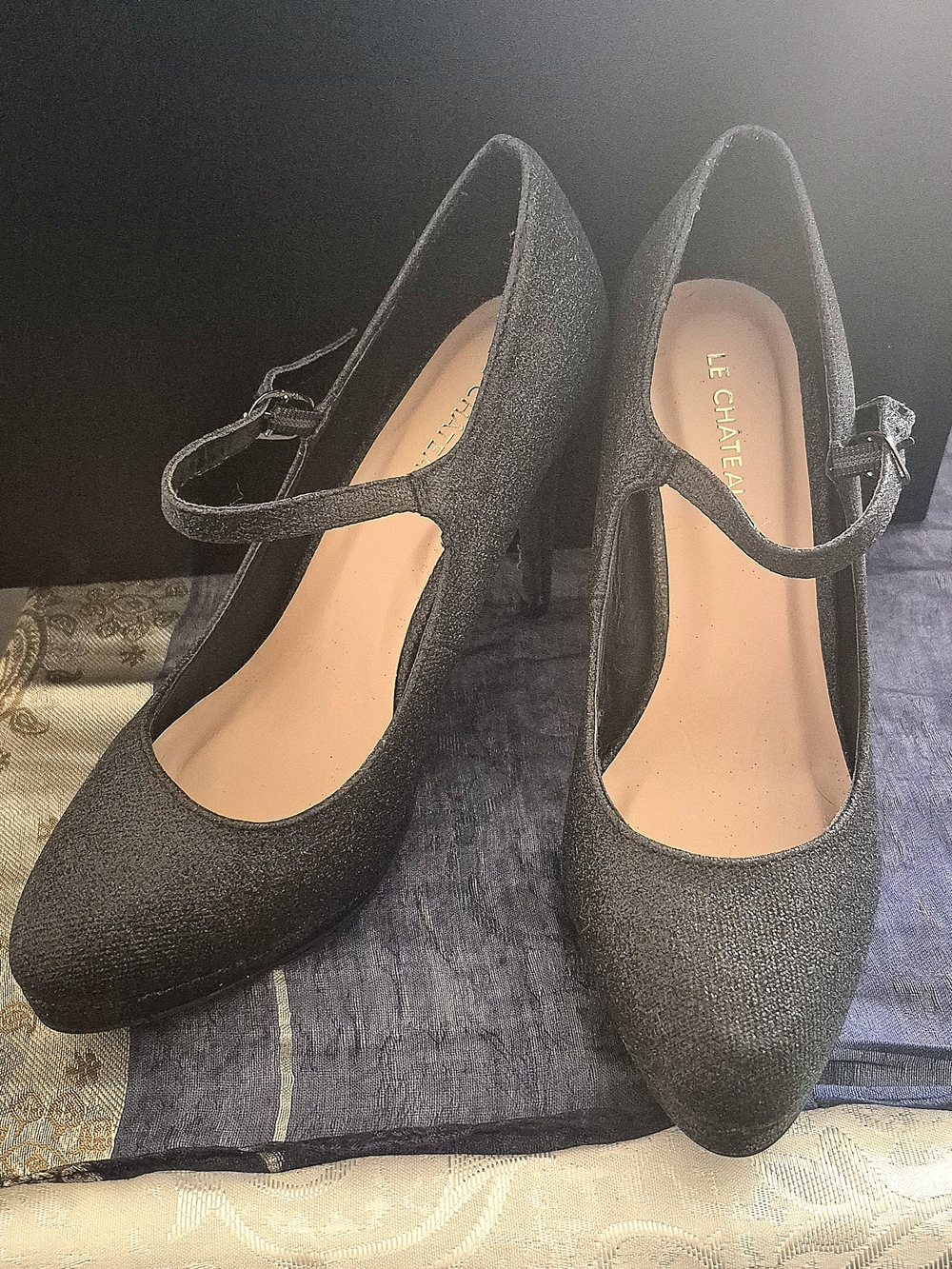 Le Chateau Black Glitter Mary Jane Heels